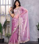 Lavender embroidery work shimmer chiffon saree with unstitched blouse