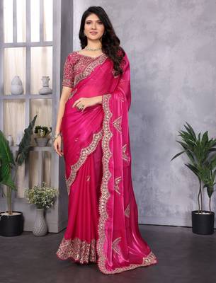 Pink embroidery work shimmer chiffon saree with unstitched blouse 1