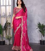 Pink embroidery work shimmer chiffon saree with unstitched blouse