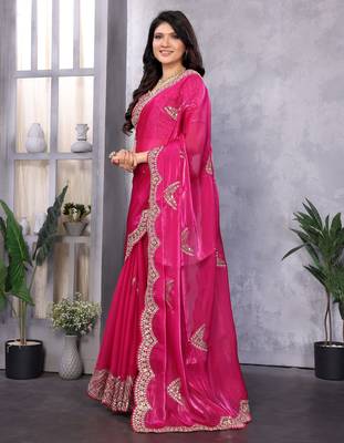 Pink embroidery work shimmer chiffon saree with unstitched blouse 3