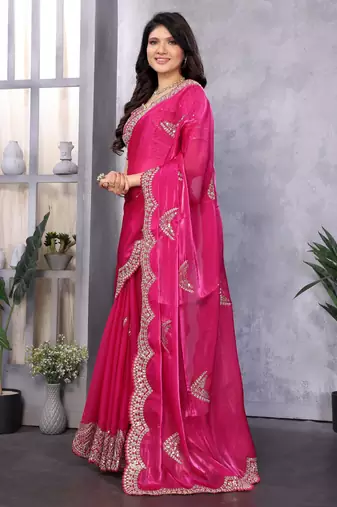 Pink embroidery work shimmer chiffon saree with unstitched blouse