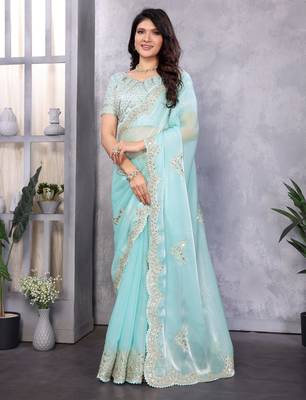 Sky blue embroidery work shimmer chiffon saree with unstitched blouse 1