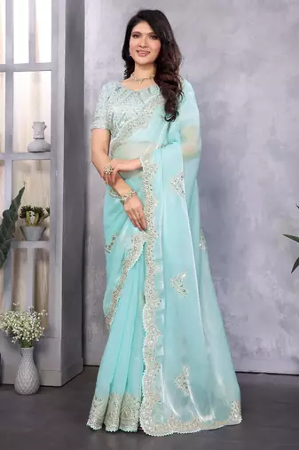 Sky blue embroidery work shimmer chiffon saree with unstitched blouse