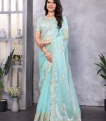 Sky blue embroidery work shimmer chiffon saree with unstitched blouse