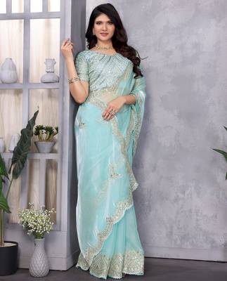 Sky blue embroidery work shimmer chiffon saree with unstitched blouse 2