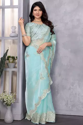 Sky blue embroidery work shimmer chiffon saree with unstitched blouse
