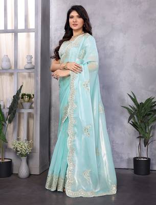 Sky blue embroidery work shimmer chiffon saree with unstitched blouse 3