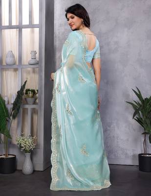 Sky blue embroidery work shimmer chiffon saree with unstitched blouse 4
