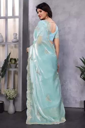 Sky blue embroidery work shimmer chiffon saree with unstitched blouse