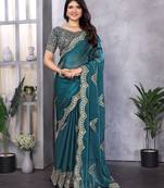 Teal embroidery work shimmer chiffon saree with unstitched blouse