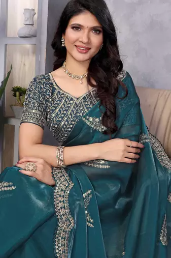Teal embroidery work shimmer chiffon saree with unstitched blouse