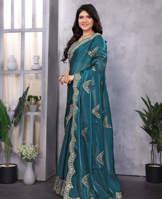 Teal embroidery work shimmer chiffon saree with unstitched blouse 3