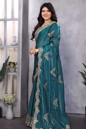 Teal embroidery work shimmer chiffon saree with unstitched blouse