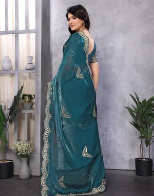 Teal embroidery work shimmer chiffon saree with unstitched blouse 4