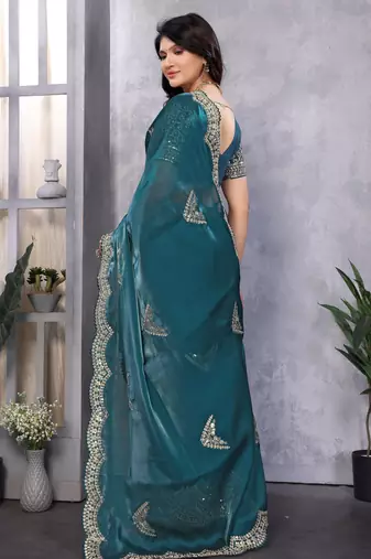 Teal embroidery work shimmer chiffon saree with unstitched blouse
