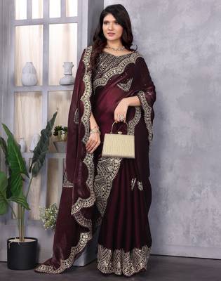 Wine embroidery work shimmer chiffon saree with unstitched blouse 1