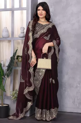 Wine embroidery work shimmer chiffon saree with unstitched blouse