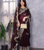 Wine embroidery work shimmer chiffon saree with unstitched blouse