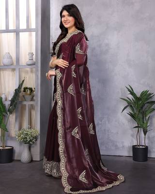 Wine embroidery work shimmer chiffon saree with unstitched blouse 3