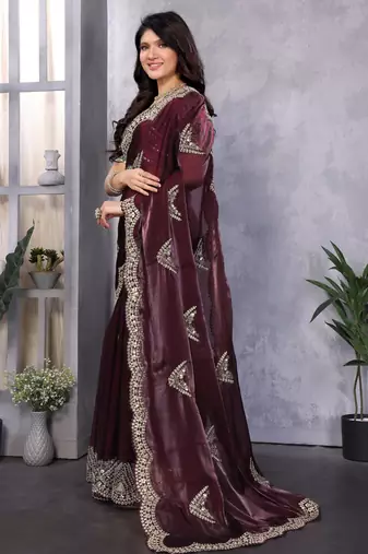 Wine embroidery work shimmer chiffon saree with unstitched blouse