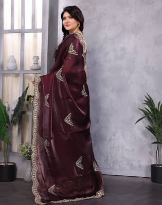 Wine embroidery work shimmer chiffon saree with unstitched blouse 4