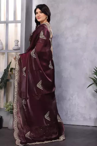 Wine embroidery work shimmer chiffon saree with unstitched blouse