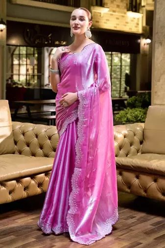 Baby pink embroidery work shimmer chiffon saree with unstitched blouse