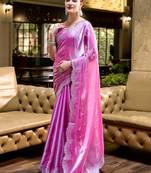 Baby pink embroidery work shimmer chiffon saree with unstitched blouse