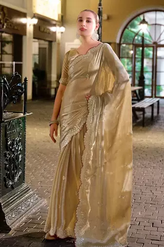Beige embroidery work shimmer chiffon saree with unstitched blouse
