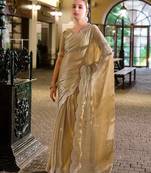 Beige embroidery work shimmer chiffon saree with unstitched blouse