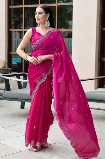 Pink embroidery work shimmer chiffon saree with unstitched blouse