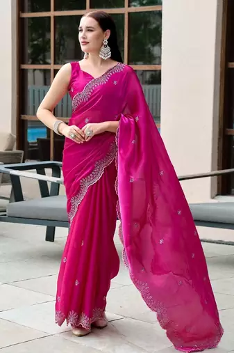 Pink embroidery work shimmer chiffon saree with unstitched blouse
