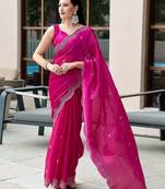 Pink embroidery work shimmer chiffon saree with unstitched blouse