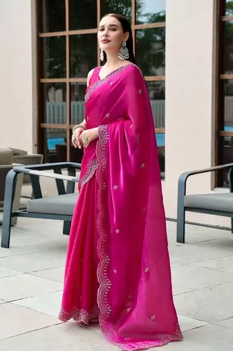 Pink embroidery work shimmer chiffon saree with unstitched blouse