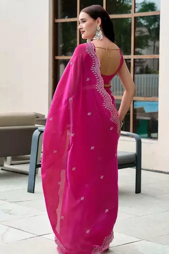 Pink embroidery work shimmer chiffon saree with unstitched blouse