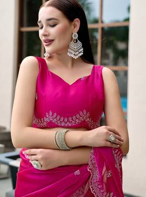 Pink embroidery work shimmer chiffon saree with unstitched blouse 5