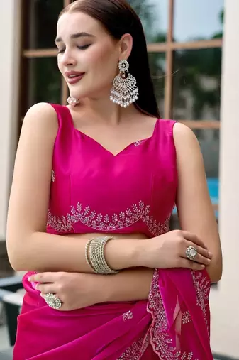 Pink embroidery work shimmer chiffon saree with unstitched blouse