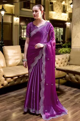 Purple embroidery work shimmer chiffon saree with unstitched blouse