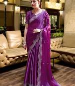 Purple embroidery work shimmer chiffon saree with unstitched blouse