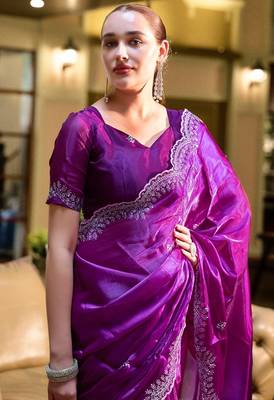 Purple embroidery work shimmer chiffon saree with unstitched blouse 2