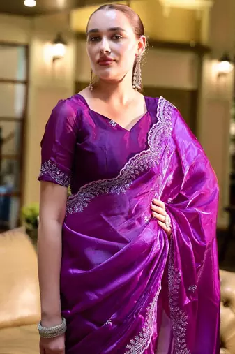 Purple embroidery work shimmer chiffon saree with unstitched blouse