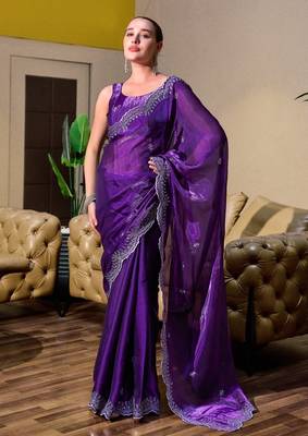Purple-blue embroidery work shimmer chiffon saree with unstitched blouse 1