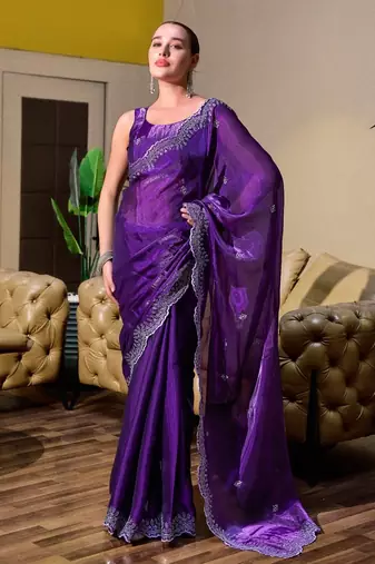 Purple-blue embroidery work shimmer chiffon saree with unstitched blouse