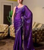 Purple-blue embroidery work shimmer chiffon saree with unstitched blouse