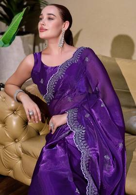 Purple-blue embroidery work shimmer chiffon saree with unstitched blouse 2