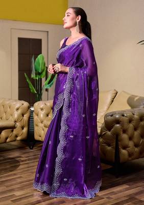 Purple-blue embroidery work shimmer chiffon saree with unstitched blouse 3