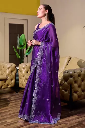 Purple-blue embroidery work shimmer chiffon saree with unstitched blouse