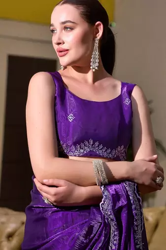 Purple-blue embroidery work shimmer chiffon saree with unstitched blouse