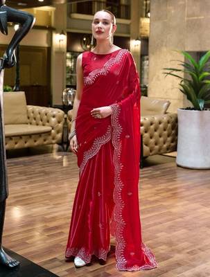 Red embroidery work shimmer chiffon saree with unstitched blouse 1