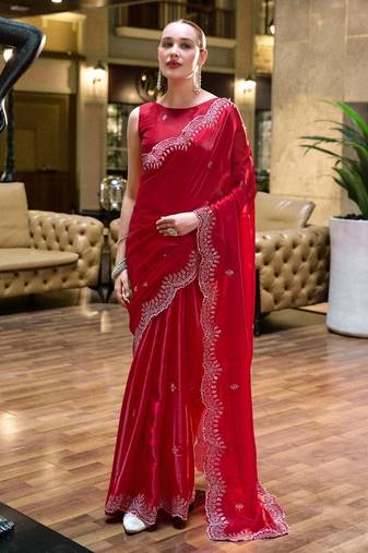 Red embroidery work shimmer chiffon saree with unstitched blouse